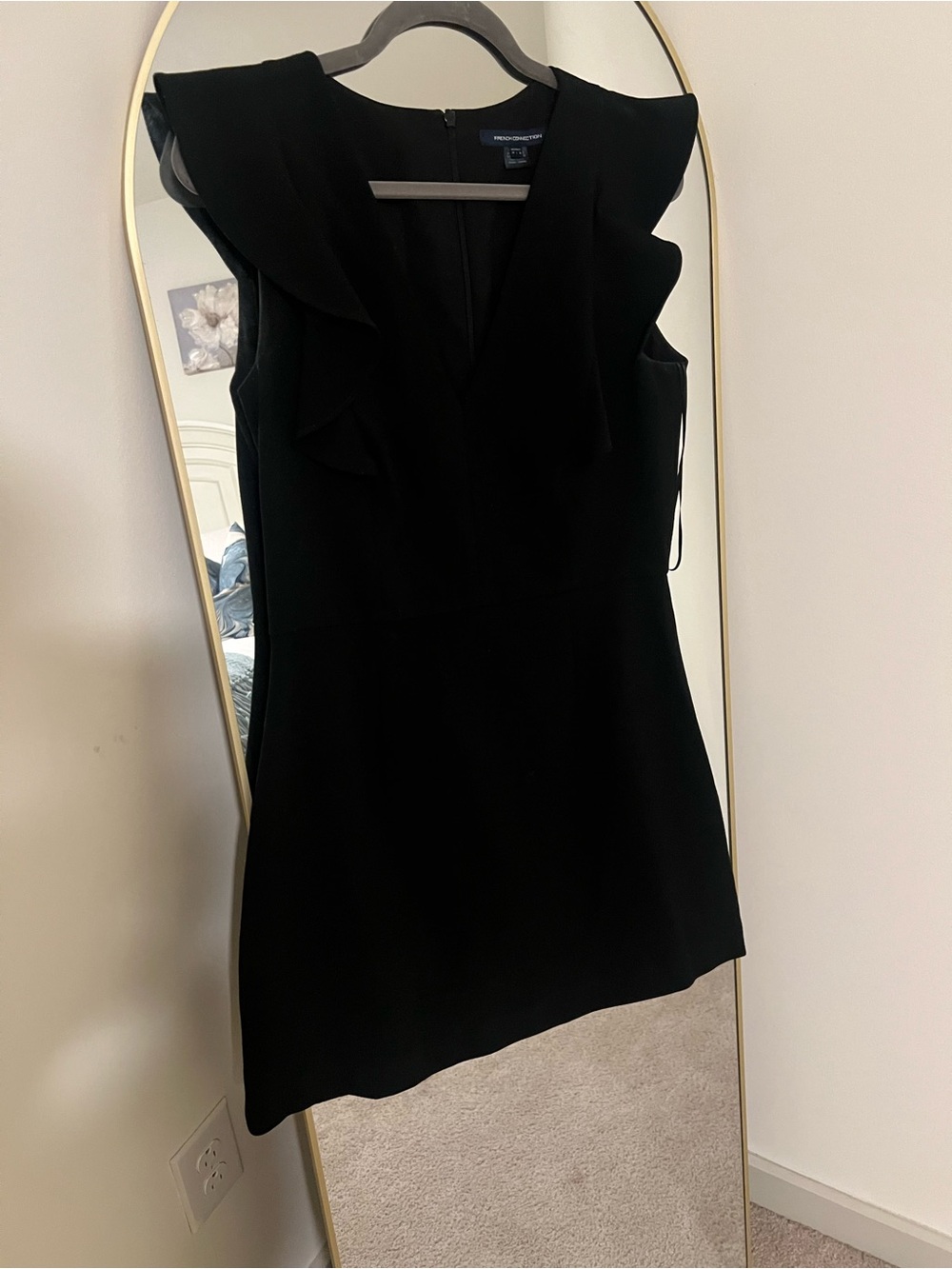 French Connection Black Ruffle V-Neck Mini Dress